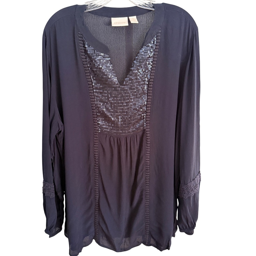 Chico's Women's Sequin V-Neck Blouse Size 3 XL Navy Blue Lace Trim Boho